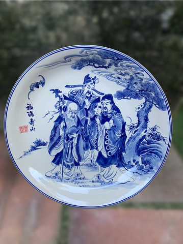  Đĩa cảnh phong thuỷ Phúc Lộc Thọ men lam đường kính 40 cm | Quà Tặng Khai Trương Đĩa Cảnh Phong Thuỷ 