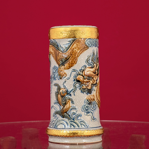  Ống hương Bát Tràng men rạn đắp nổi rồng cao 25 cm 