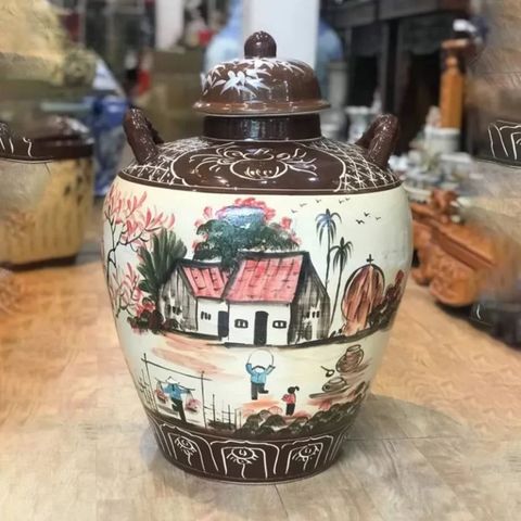  Quà tặng Bố Chum sành tráng men vẽ Cảnh Làng Quê dung tích 10 lít 