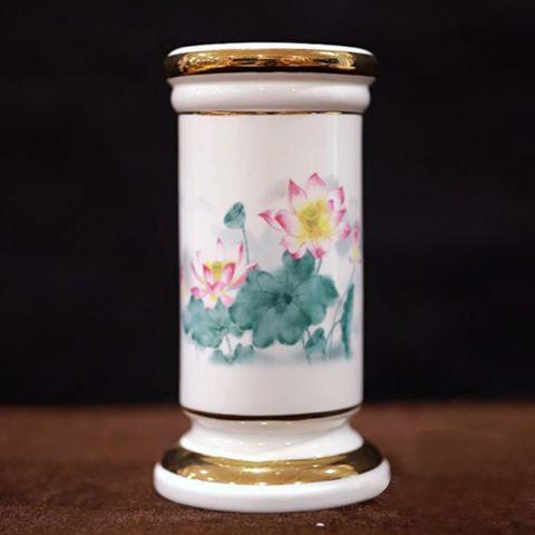  Ống Hương Sứ Trắng Hoa Sen Hồng Lá Xanh 20cm 