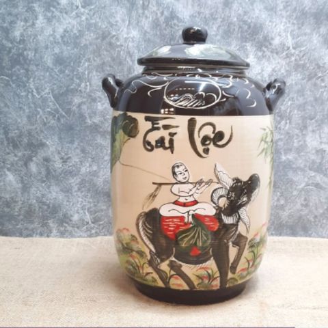  Quà tặng cao cấp Hũ đựng gạo tráng men chữ Tài Lộc vẽ Cậu bé Chăn Trâu Thổi Sáo dung tích 30 lít 