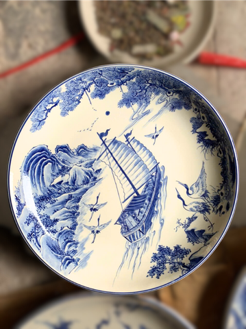  Đĩa cảnh phong thuỷ Sơn Thuỷ men lam đường kính 36 cm | Quà Tặng Khai Trương Đĩa Cảnh Phong Thuỷ 