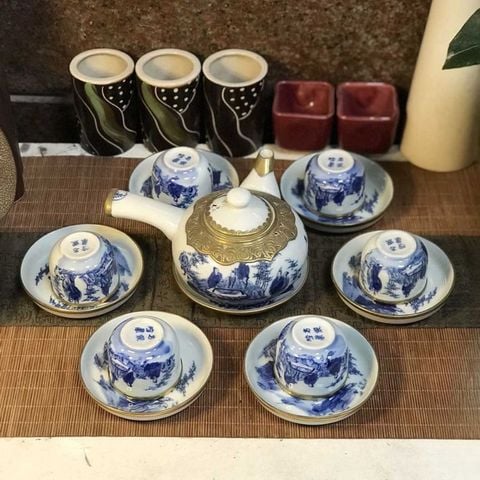  Ấm Chén Bát Tràng gốm Trắng men Lam Trúc Lâm Thất Hiền bọc Đồng Đường Vũ 320ml | Quà Tặng Doanh Nghiệp bộ ấm chén uống trà 