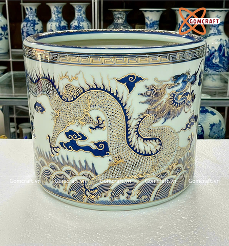  Bát hương Bát Tràng hoạ tiết Rồng men sứ trắng vẽ vàng đường kính 35 cm 