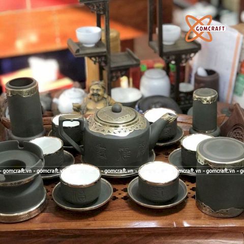  Ấm Chén Bát Tràng dòng gốm Tử Sa bọc Đồng 500ml | Quà Tặng Doanh Nghiệp bộ ấm chén uống trà 