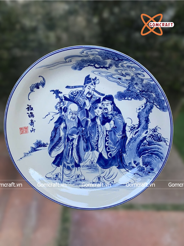  Đĩa cảnh phong thuỷ Phúc Lộc Thọ men lam đường kính 40 cm | Quà Tặng Khai Trương Đĩa Cảnh Phong Thuỷ 