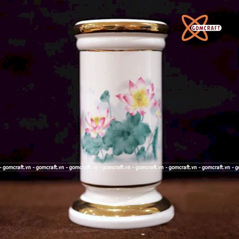  Ống Hương Sứ Trắng Hoa Sen Hồng Lá Xanh 20cm 