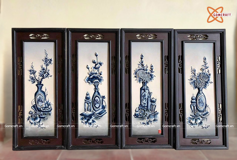  Tranh Gốm Tứ Quý Bát Tràng Cổ Đồ Phú Quý men lam tràm đắp nổi kích thước 45 x 95 cm khung gỗ thông 