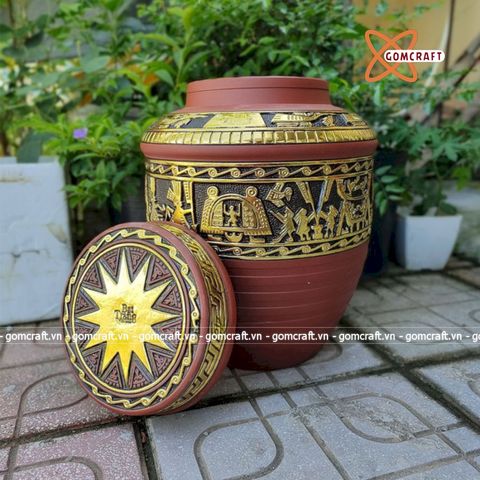  Quà tặng cao cấp Hũ gạo tài lộc dát vàng họa tiết Trống Đồng Đông Sơn dung tích 30 lít 