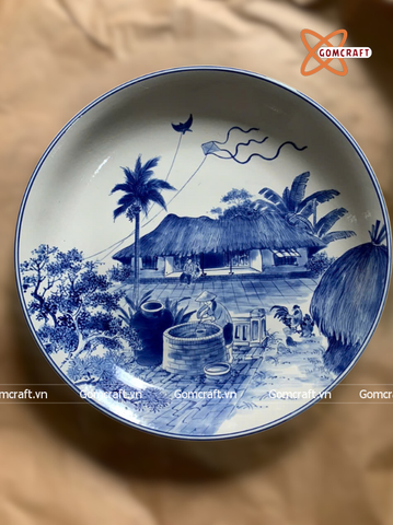  Đĩa cảnh phong thuỷ Đồng Quê men lam đường kính 36 cm | Quà Tặng Khai Trương Đĩa Cảnh Phong Thuỷ 