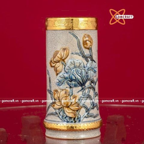 Ống hương Sen đắp nổi men rạn bọc đồng dát vàng Bát Tràng 