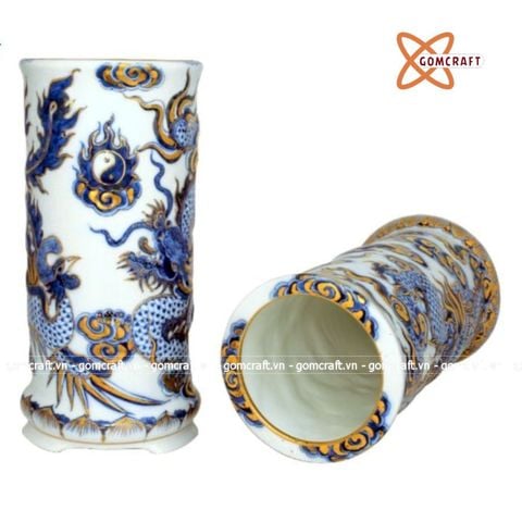  Ống Đựng Hương Men Lam Hình Rồng Vẽ Vàng 16cm 