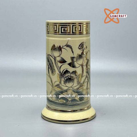  Ống hương họa tiết hoa sen gốm Chu Đậu vẽ vàng kim 19cm 