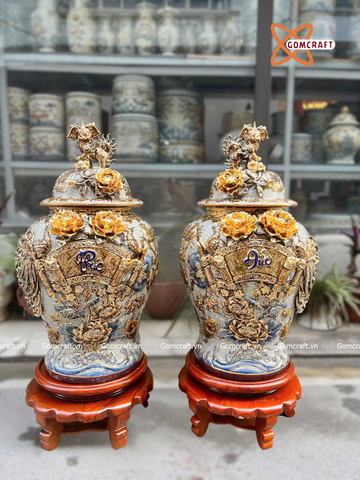  Choé Bát Tràng cao cấp Cuốn Thư Phúc Đức men rạn đắp nổi vẽ vàng dung tích 30 lít 