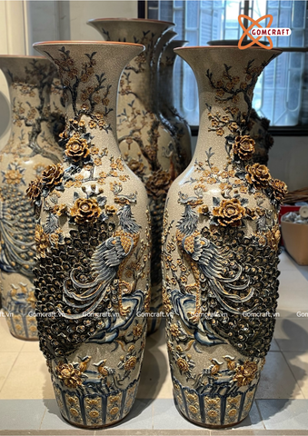  Lục bình Bát Tràng cao cấp Phú Quý Trường Xuân men rạn đắp nổi kênh bong hàng kĩ cao 1m45 