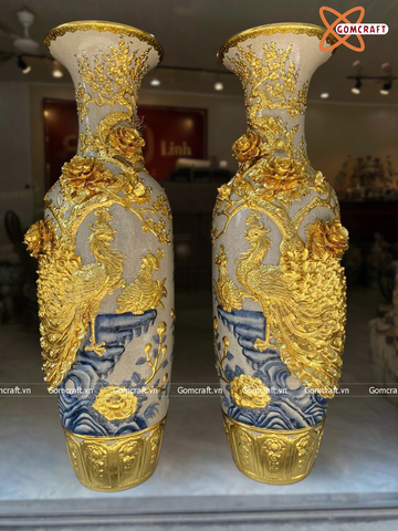  Lục bình Bát Tràng cao cấp Công Danh Phú Quý men rạn đắp nổi kênh bong dát vàng cao 1m4 