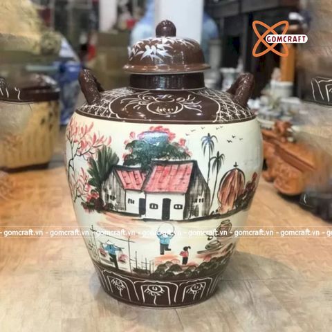  Quà tặng Bố Chum sành tráng men vẽ Cảnh Làng Quê dung tích 10 lít 