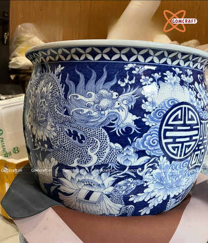  Thống sứ Bát Tràng Tứ Linh men lam vẽ kĩ đường kính 40 cm 