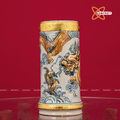  Ống hương Bát Tràng men rạn đắp nổi rồng cao 25 cm 