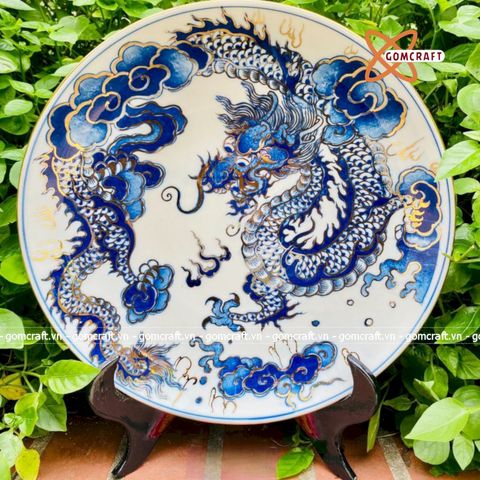  Mâm Bồng Men Lam Nhất Long 23cm 