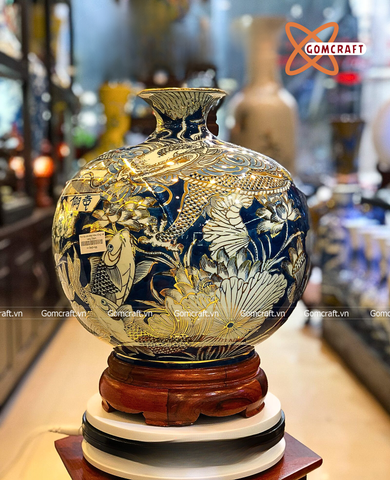  Bình Hút Lộc Bát Tràng Cá chép hoá rồng men lam vẽ vàng | Quà Tặng Khai Trương bình hút lộc Bát Tràng 