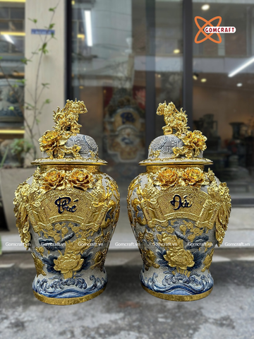  Choé Bát Tràng cao cấp Phúc Đức men rạn đắp nổi dát vàng dung tích 20 lít cao 47 cm 