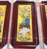  Tranh Gốm Tứ Quý Bát Tràng Cổ Đồ Phú Quý men màu đắp nổi kích thước 45 x 95 cm khung gỗ hương 