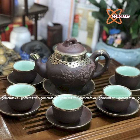  Ấm Chén Bát Tràng gốm Tử Sa bọc Đồng dáng Báo Xuân 420ml | Quà Tặng Doanh Nghiệp bộ ấm chén uống trà 