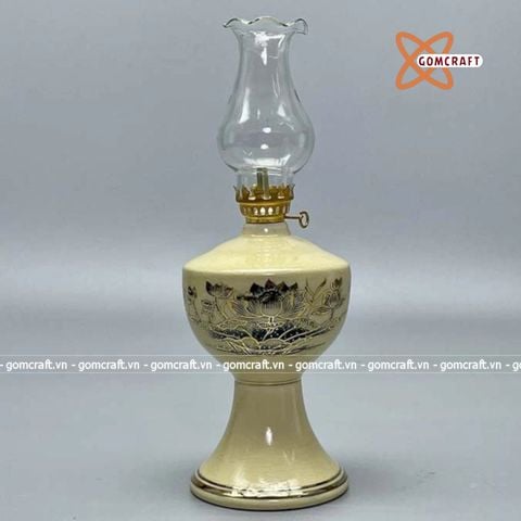  Đèn dầu họa tiết hoa sen gốm Chu Đậu vẽ vàng kim 20cm 