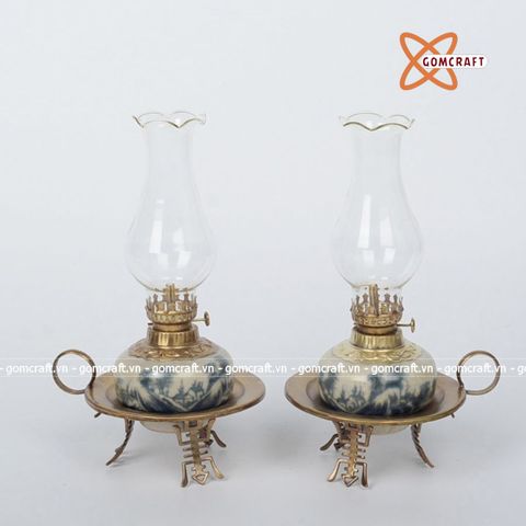  Đèn dầu men rạn vẽ đồng quê dáng đĩa 22cm 