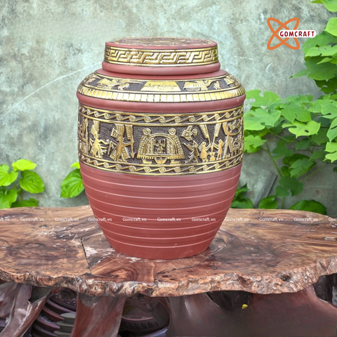  Quà tặng Bố Chum sành đắp nổi dát vàng Trống Đồng Âu Lạc dung tích 50l 