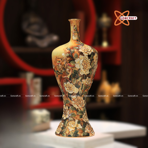  Bình Hoa Bát Tràng men màu đắp nổi vẽ vàng 24k cao 40 cm 