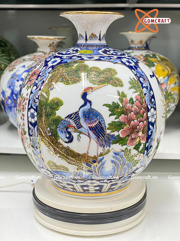  Bình Hút Lộc Bát Tràng Tứ Cảnh men lam vẽ vàng cao 35 cm | Quà Tặng Khai Trương bình hút lộc Bát Tràng 