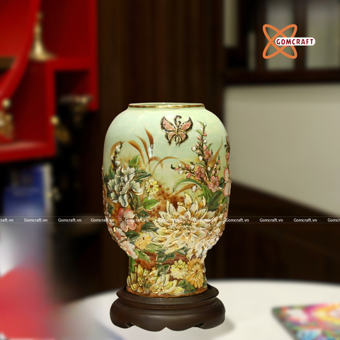  Bình Hoa Bát Tràng men màu đắp nổi vẽ vàng 24k 