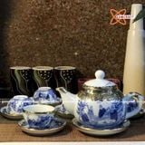  Ấm Chén Bát Tràng gốm Trắng men Lam Trúc Lâm Thất Hiền bọc Đồng dáng Thủy Bình 300ml | Quà Tặng Doanh Nghiệp bộ ấm chén uống trà 