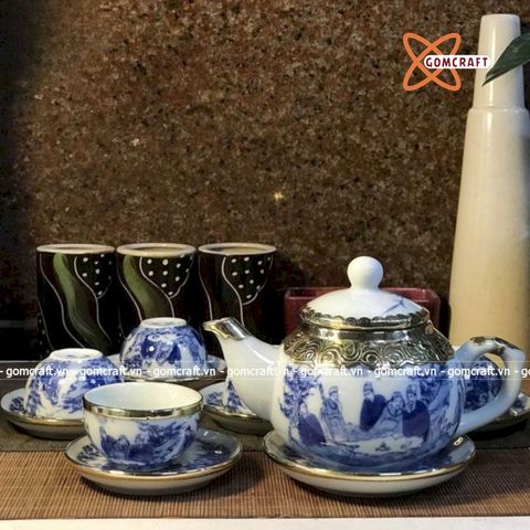  Ấm Chén Bát Tràng gốm Trắng men Lam Trúc Lâm Thất Hiền bọc Đồng dáng Thủy Bình 300ml | Quà Tặng Doanh Nghiệp bộ ấm chén uống trà 