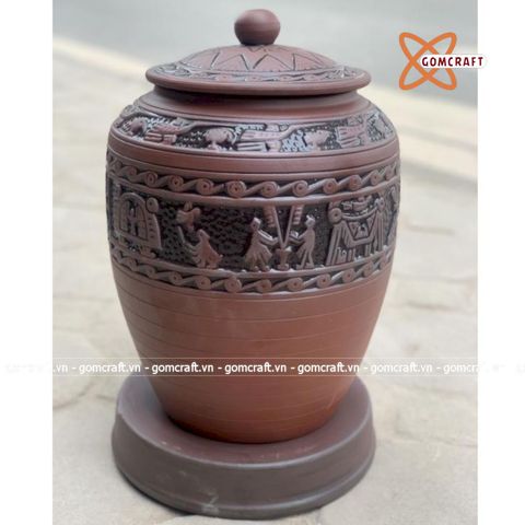  Quà tặng cao cấp Hũ gạo tài lộc chất liệu gốm mộc khắc nổi Trống Đồng Đồng Sơn dung tích 30 lít 