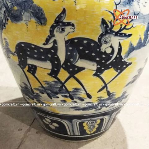  Quà tặng cao cấp Hũ đựng gạo Bát Tràng nền vàng vẽ Tùng Hươu Tài Lộc dung tích 50 lít 