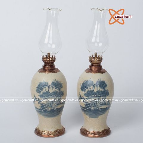  Đèn dầu men rạn vẽ đồng quê dáng đùi dế 30cm 