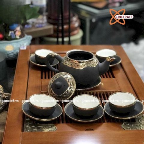  Ấm Chén Bát Tràng gốm Tử Sa bọc Đồng dáng Tiêu Anh 450ml | Quà Tặng Doanh Nghiệp bộ ấm chén uống trà 