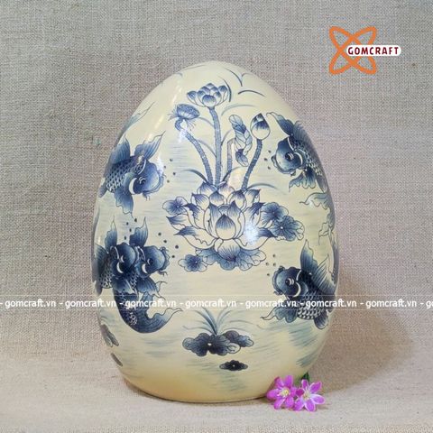  Trứng gốm sứ phong thủy vẽ cá chép và hoa sen 32cm 