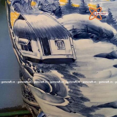  Quà tặng Bố Chum sành nền vàng vẽ Miền Quê Sông Nước dung tích 50 lít 