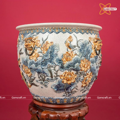  Thống sứ Bát Tràng Niên Niên Hữu Dư men rạn đắp nổi cao 50 cm 