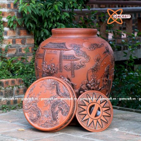  Quà tặng cao cấp Hũ gạo tài lộc chất liệu gốm mộc khắc nổi Cá Chép Vượt Vũ Môn dung tích 50 lít 