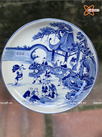  Đĩa cảnh phong thuỷ Bách Nhi Bách Phúc men lam đường kính 40 cm | Quà Tặng Khai Trương Đĩa Cảnh Phong Thuỷ 