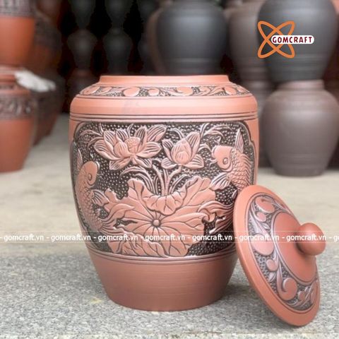  Quà tặng cao cấp Hũ gạo tài lộc chất liệu gốm mộc khắc Cá Chép Hoa Sen dung tích 30 lít 