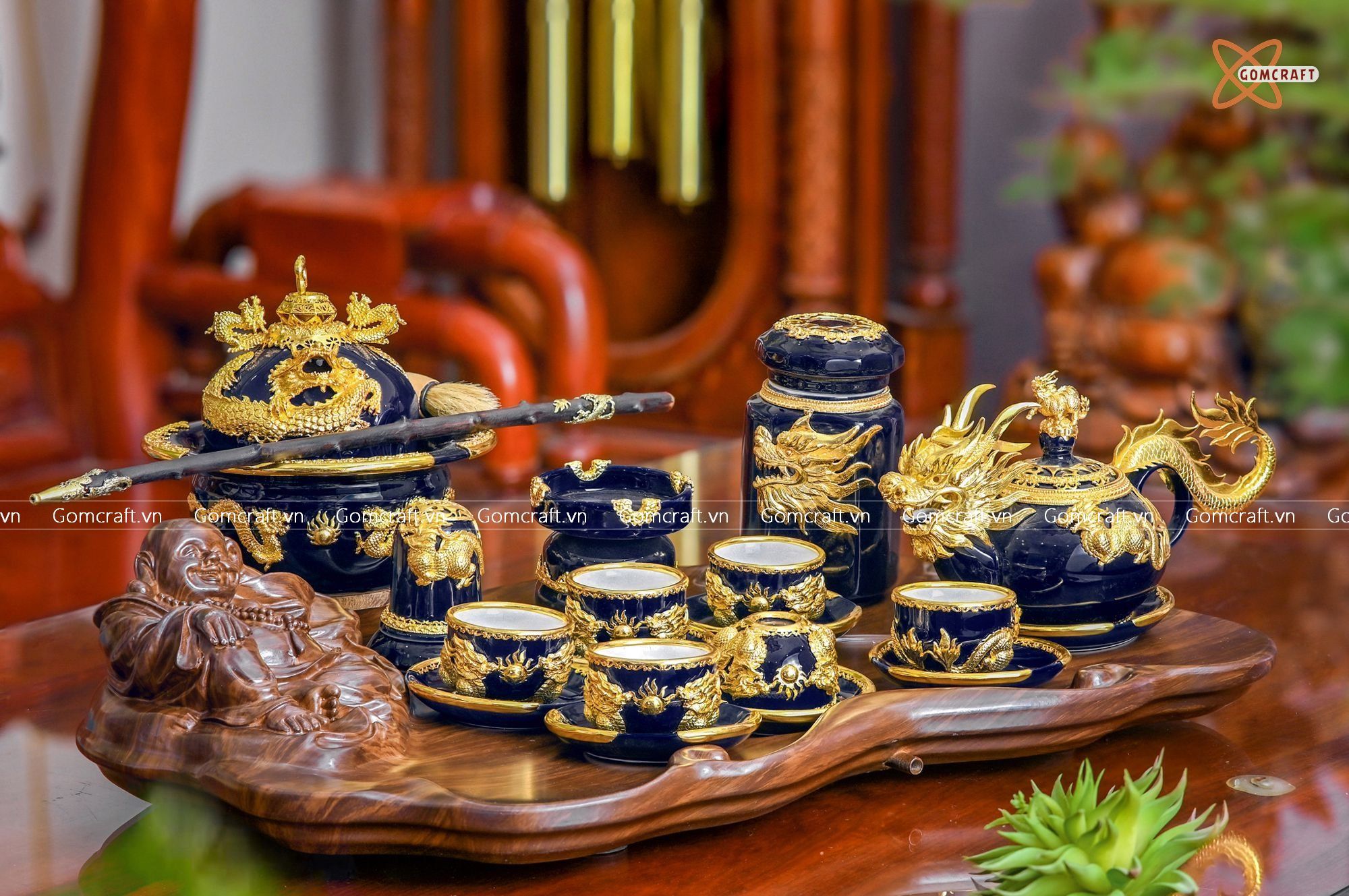  Quà Tặng Doanh Nghiệp | Ấm Chén Bát Tràng vuốt tay họa tiết Lân đắp nổi men xanh coban bọc đồng cao cấp 