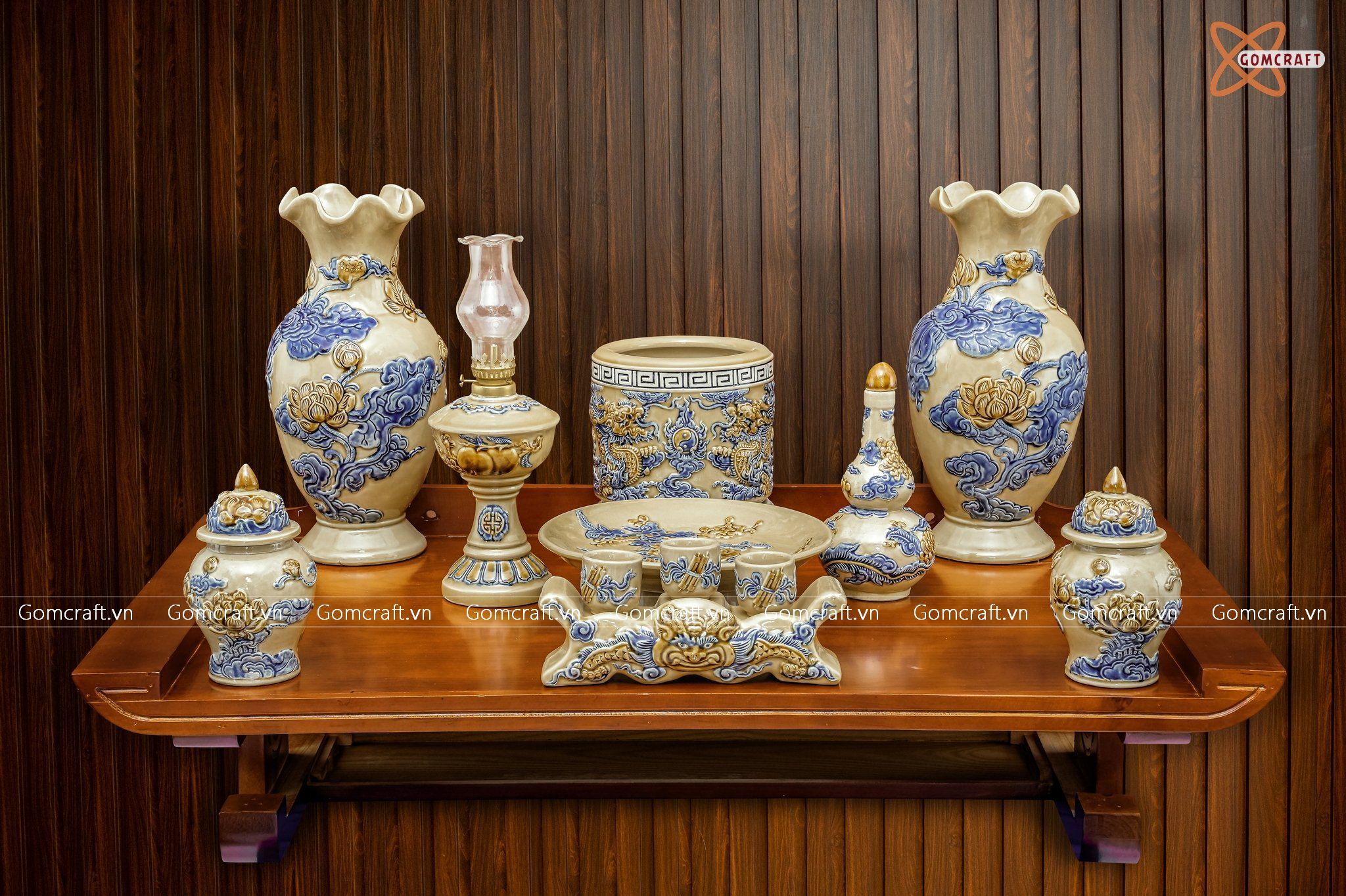  Đồ thờ Bát Tràng | Bộ đồ thờ cúng đắp nổi 9 vật phẩm men hoàng thổ 