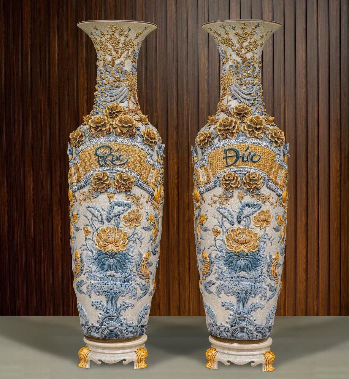  Quà Tặng Bố Lục Bình Bát Tràng nền rạn vẽ men lam họa tiết Phúc Đức Cửu Ngư 1m6 đắp nổi kênh bông hàng kỹ 