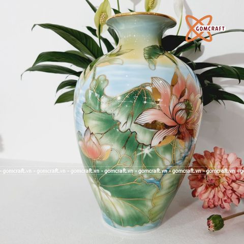  Bình Hoa cao cấp vẽ họa tiết Sen Đài cao 33cm | Quà Tặng bình hoa Bát Tràng 